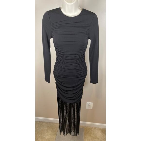 Alice + Olivia Katherina Long Sleeve Ruched Fringe Black Midi Dress Size 0 - Picture 5 of 10